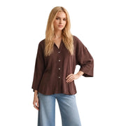 Jdy women brown viscose round neck blouse with loose bell sleeves and 3/4 length classic design