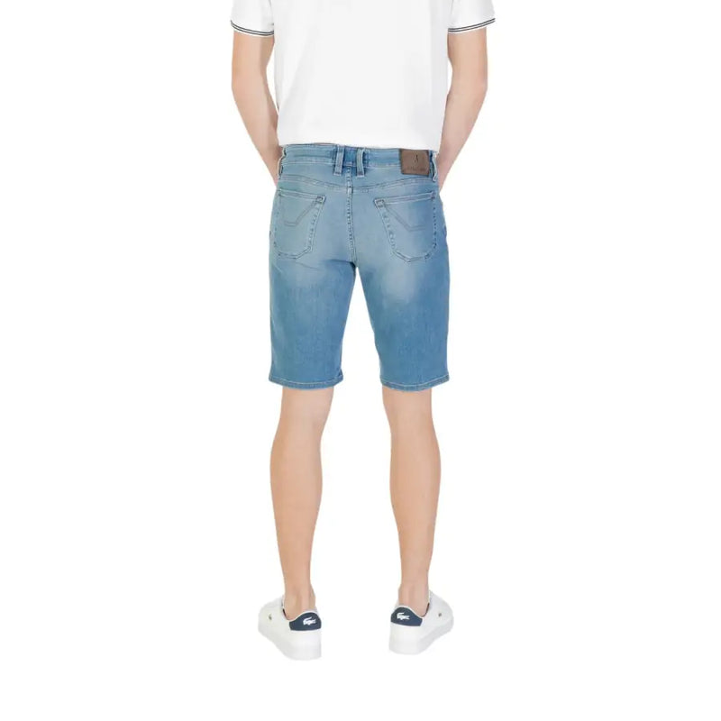Jeckerson men blue cotton blend light-wash denim shorts with classic five-pocket design and brown leather patch