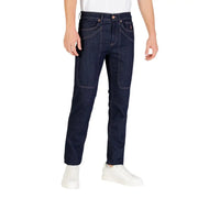 Dark blue slim fit jeans with pockets and button closure, likely denim material.