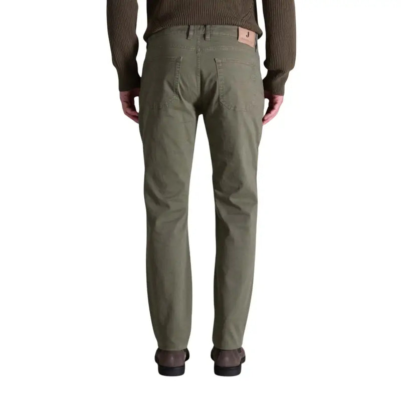 Back view of jeckerson men fall winter olive green cotton elastane chino trousers with subtle texture and leather patch