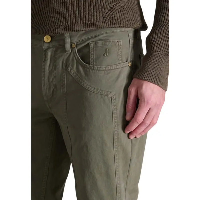 Jeckerson men fall winter olive green denim jeans with gold-tone button and stitching details in cotton elastane