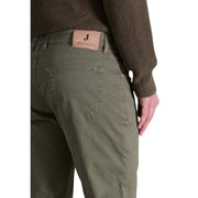 Olive green denim jeans with tan leather brand patch at waistband jeckerson men fall winter cotton elastane trousers