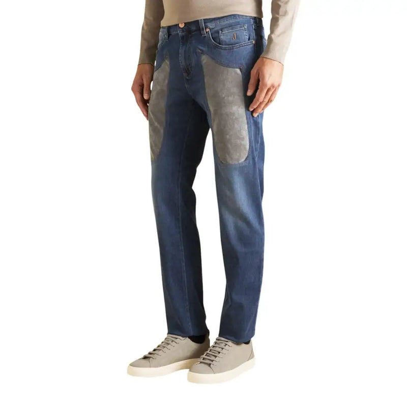 Jeckerson Jean homme bleu en coton stretch coupe slim avec empiècements en daim gris sur le devant des cuisses