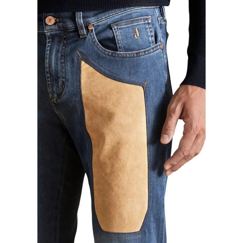 verso de jeckerson Jean homme bleu en coton stretch coupe slim, confectionné en denim bleu avec un empiècement en daim beige sur la poche