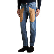 Jeckerson Jean homme bleu en coton stretch coupe slim avec empiècements en cuir beige sur les cuisses