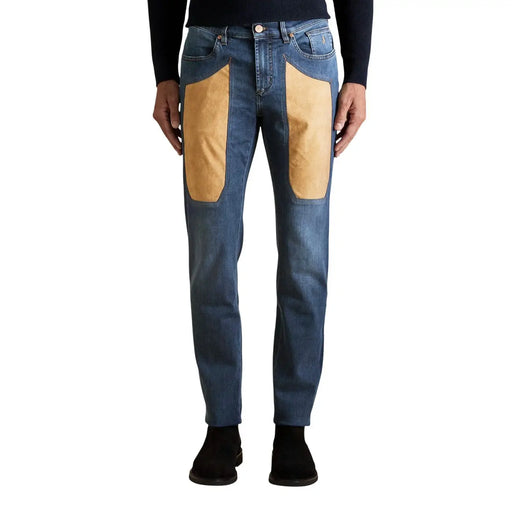 Jeckerson men jeans blue cotton stretch slim fit featuring tan leather patches on the thighs