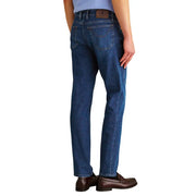 Denim bleu jeckerson Jean homme en coton biologique, coupe droite classique et empiècement en cuir marron à la ceinture