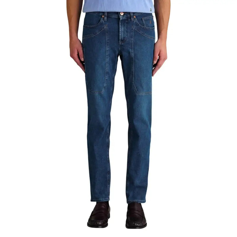 Jeckerson Jean homme bleu en coton biologique, coupe slim, denim bleu foncé avec renforts aux genoux et cinq poches.