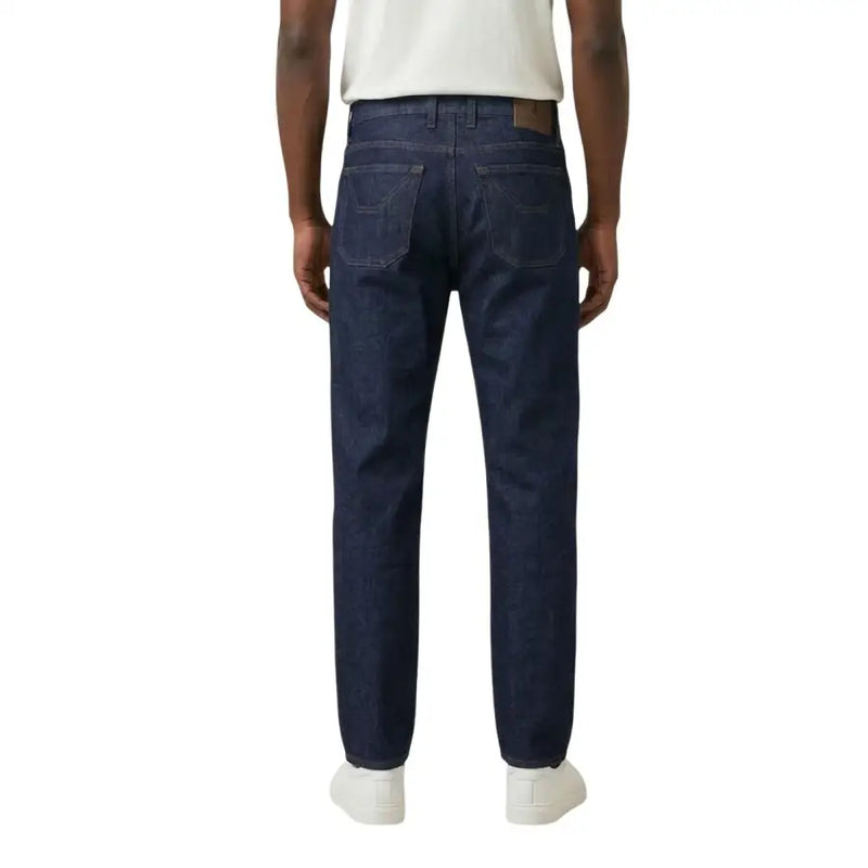 Indigo foncé jeckerson Jean homme en coton biologique, coupe droite et empiècement en cuir marron à la ceinture