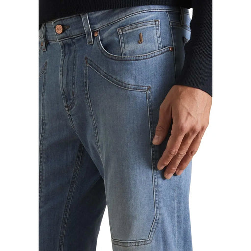 Jeckerson men jeans light blue organic cotton denim with medium wash and classic five-pocket design featuring copper hardware