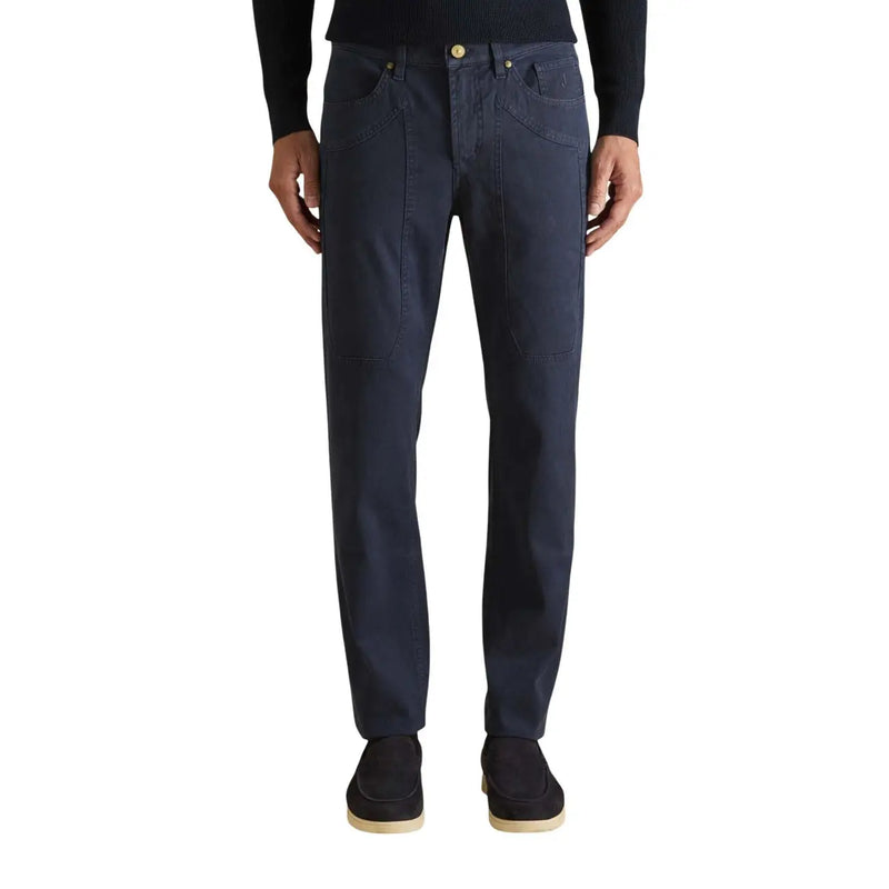 Dark blue denim jeans with straight-leg cut and gold-tone button complement beige cotton blend pique trousers
