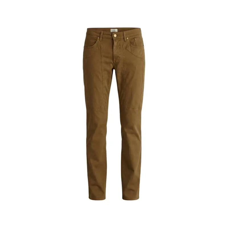 Jeckerson Pantalon homme en denim beige slim, coupe classique cinq poches et finitions dorées.