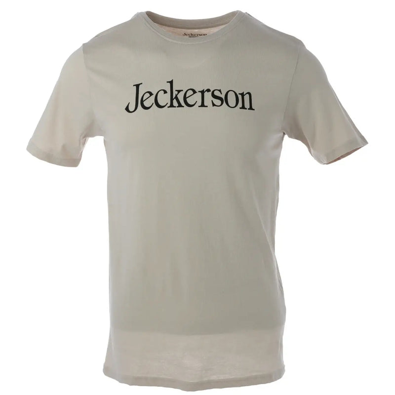 Jeckerson men’s beige cotton t-shirt with black jeckerson lettering across the chest in slim fit style
