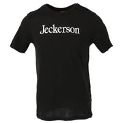 Jeckerson men’s black slim fit short-sleeved cotton t-shirt with white jeckerson script across the chest