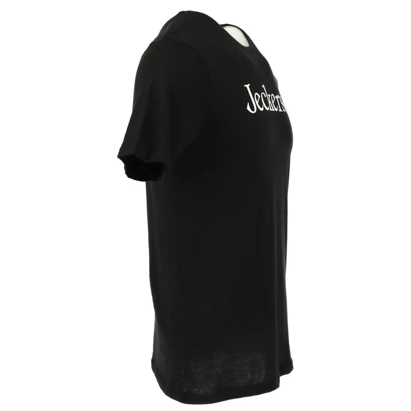 Jeckerson men’s black slim fit cotton t-shirt with short sleeves and white jeckerts lettering across the chest