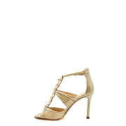 Sandales Jimmy Choo pour femme, en cuir beige métallisé doré, à talon aiguille, bout ouvert, bride en T et ornements de perles