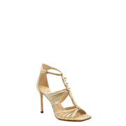 Sandales à talons aiguilles ouvertes en cuir beige Jimmy Choo pour femme, ornées de brides dorées métallisées, de perles et de cristaux.