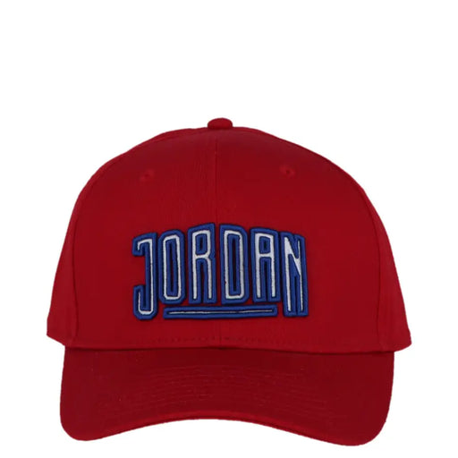 Red jordan men cap made of 100 percent cotton with blue and white embroidered logo suitable for handwash care