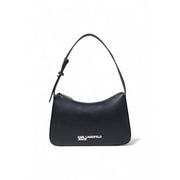 Black faux leather shoulder bag with minimalist design and karl lagerfeld jeans logo embroidered in white on front