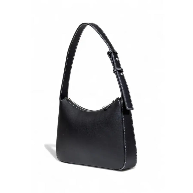 Karl Lagerfeld black faux leather shoulder bag with white stitching and silver zipper zip pockets visible