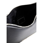 Karl Lagerfeld black faux leather handbag with zip pockets featuring a black leather clutch with silver zipper and stitched trim