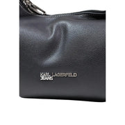 Karl Lagerfeld black polyurethane handbag with textured leather surface and silver-tone logo plaque with zip pockets