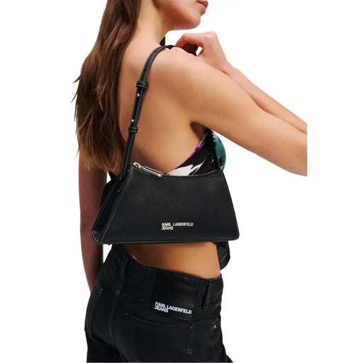 Karl Lagerfeld black polyurethane shoulder bag with sleek structured design silver-tone hardware and inside pockets