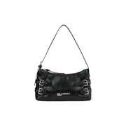 Karl Lagerfeld black leather shoulder bag with silver buckle straps and zippered interior pockets