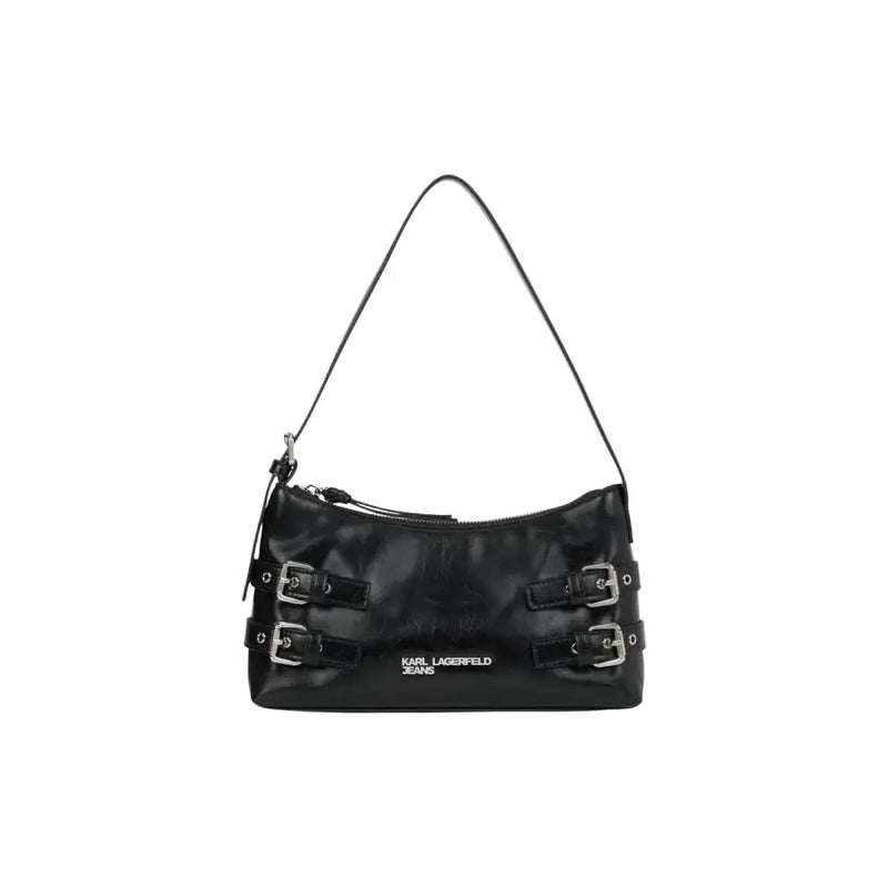 Karl Lagerfeld black leather shoulder bag with silver buckle straps and zippered interior pockets