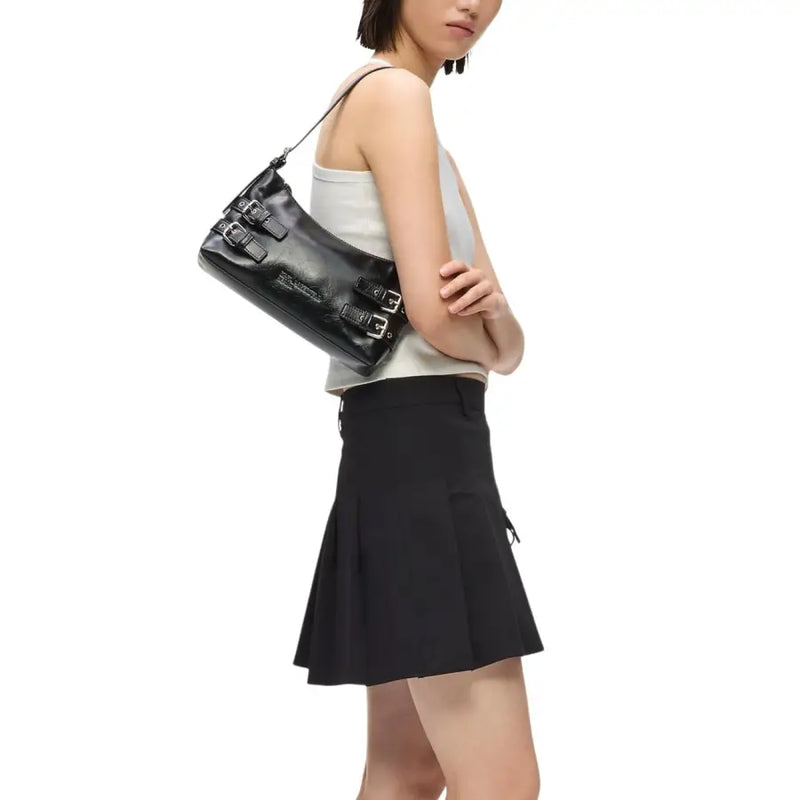 Karl Lagerfeld black leather shoulder bag with multiple silver-toned buckle closures and zippered interior pockets