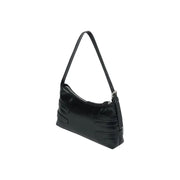 Karl Lagerfeld black glossy leather shoulder bag with sleek strap accents and a silver zipper with interior pockets
