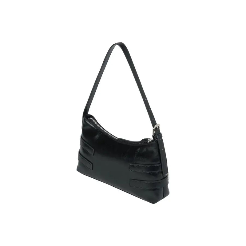 Karl Lagerfeld black glossy leather shoulder bag with sleek strap accents and a silver zipper with interior pockets
