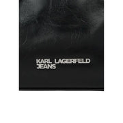 Black textured leather zippered bag by Karl Lagerfeld featuring silver logo and interior pockets for organization