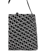 Black tote bag with repeating white geometric logo pattern by Karl Lagerfeld Jeans in black print zip design