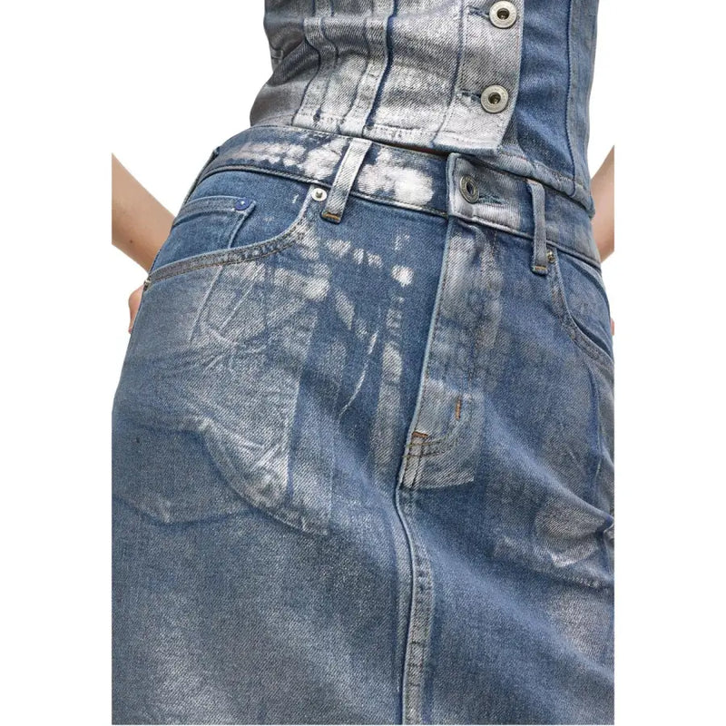 Karl Lagerfeld Jeans light blue cotton skirt for women with distressed tie-dye effect and silver-toned buttons