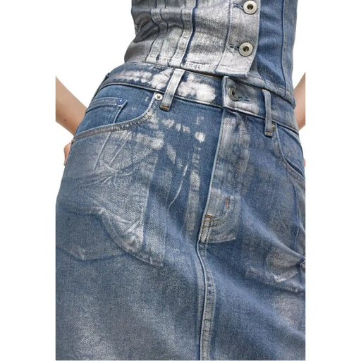 Karl Lagerfeld Jupe en jean bleu clair à effet tie-dye délavé et boutons argentés