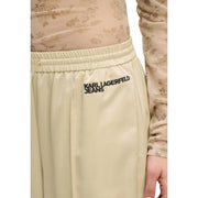 Beige karl lagerfeld Pantalon large en satin avec logo brodé noir à la taille pour femme