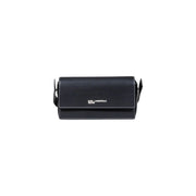 Black Karl Lagerfeld jeans women handbag with textured leather, white stitching, crossbody style, and multiple pockets