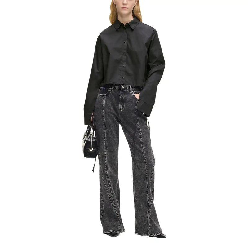 Karl Lagerfeld Jeans women black organic cotton long shirt with classic collar and button-up front