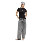 Karl Lagerfeld Jeans women black slim cotton t shirt with short sleeves and white lk logo on the chest