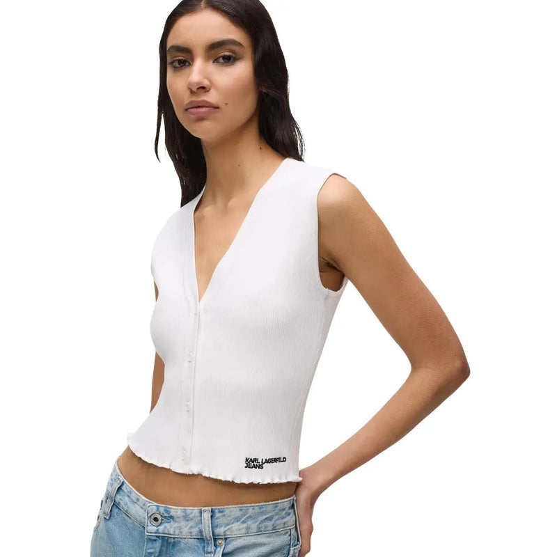 Pull sans manches en maille côtelée blanche à col en V top avec une façade boutonnée karl lagerfeld Logo du jean à l'ourlet