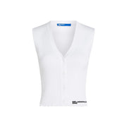 Gilet sans manches en maille côtelée blanche avec col en V et fermeture boutonnée karl lagerfeld broderie du logo des jeans
