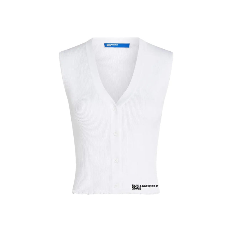 Gilet sans manches en maille côtelée blanche avec col en V et fermeture boutonnée karl lagerfeld broderie du logo des jeans