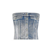 Karl Lagerfeld Jean femme bleu clair en coton, corset court en denim top avec fermeture boutonnée sur le devant et poches avant