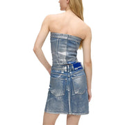 verso d'un karl lagerfeld Robe bustier mini en jean bleu clair pour femme, avec dos style corset et délavage délavé