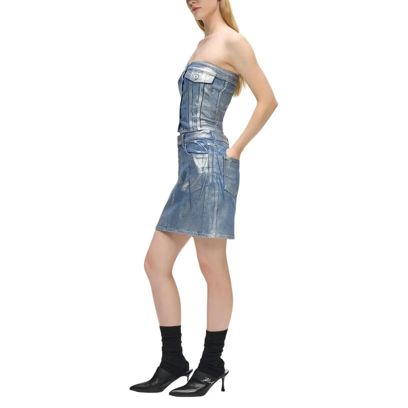Karl Lagerfeld Robe mini bustier en jean bleu clair pour femme, en coton, avec reflets métalliques et multiples poches.