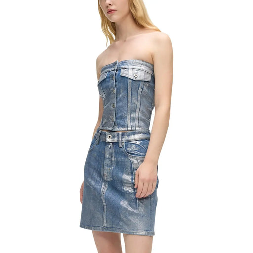 Corset bustier en denim top et une jupe taille haute en coton bleu clair à reflets métalliques et fermeture boutonnée par karl lagerfeld jeans