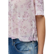 A sheer pink floral mesh round neck t shirt with subtle karl lagerfeld jeans logo on the chest for women