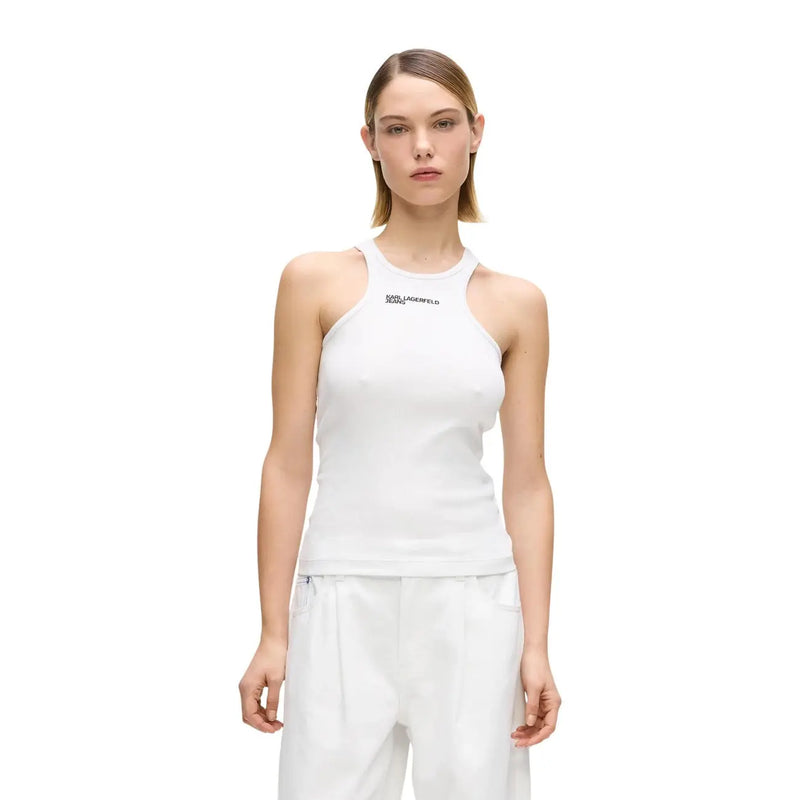 Blanc Karl Lagerfeld réservoir à licol top avec logo noir sur la poitrine, en coton côtelé rose pour femme par Karl Lagerfeld Jeans