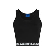 Noir karl lagerfeld jean crop top sans manches top en viscose avec une bande logo blanche à l'ourlet pour femmes